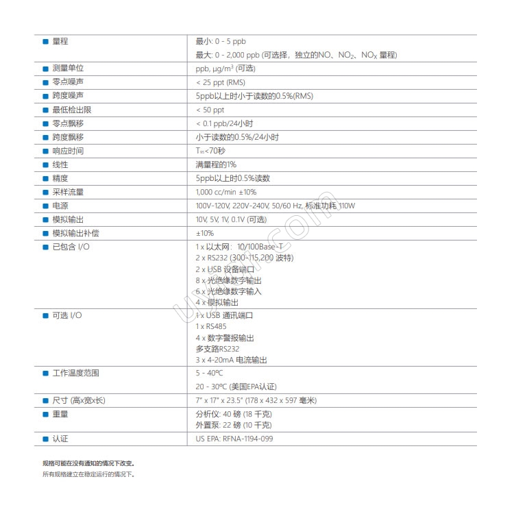 美國TeledyneAPI痕量級化學發(fā)光法NO/NO2/NOx分析儀含氮化合物測量儀T200U